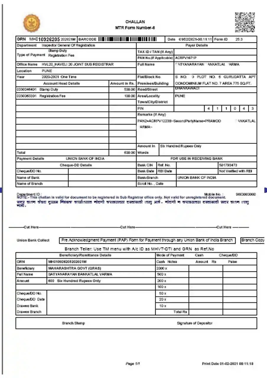 Stamp Duty and Registration Challan, Stamp Duty Challan